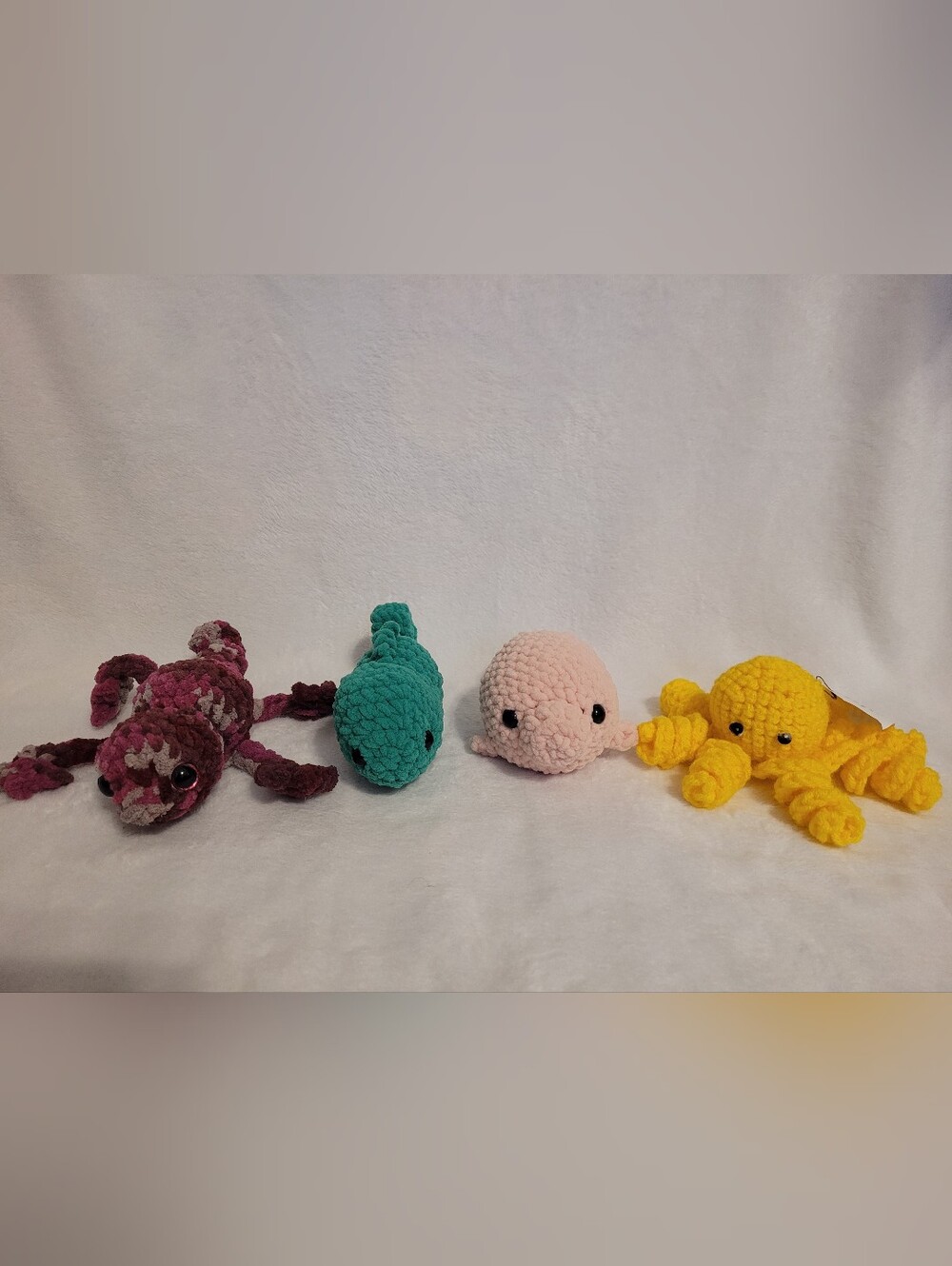 Lot Of 4 Crochet Stuffed Animals/Plushies - 2 Chameleons, Manatee, and Octopus